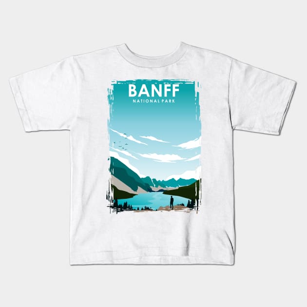 Banff national park vintage travel poster art Kids T-Shirt by jornvanhezik